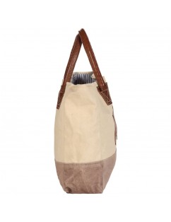 Shopping bag beige 32 x 10 x 37,5 cm canvas and real leather
